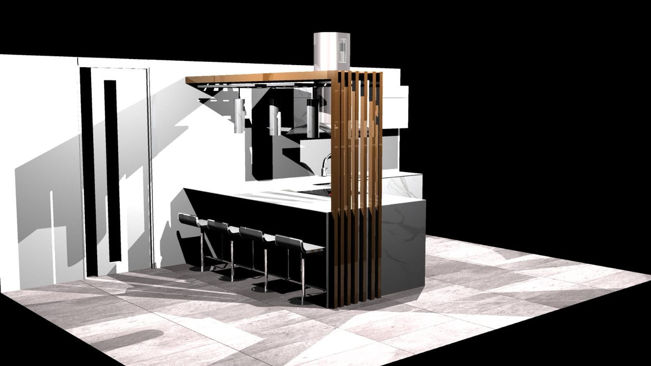 3D render of a kitchen with marble-look cabinets, wood slat frame and island cooktop